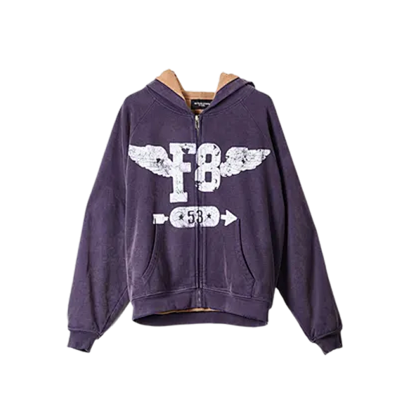 Vintage Washed Purple Zip-Up Hoodie - Grunge StreetwearModel NO.：Alab26W032
